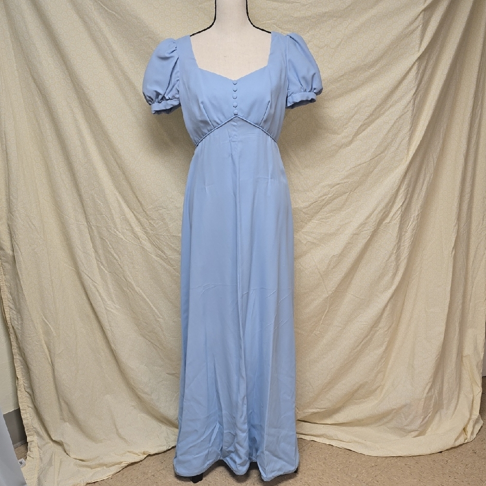 Elegant Sky Blue Puff Sleeve Maxi Dress